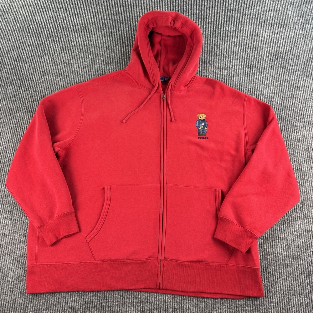 Ralph Lauren Polo Bear Hoodie Men 3XB Red Full Zip Designer Logo Big & Tall